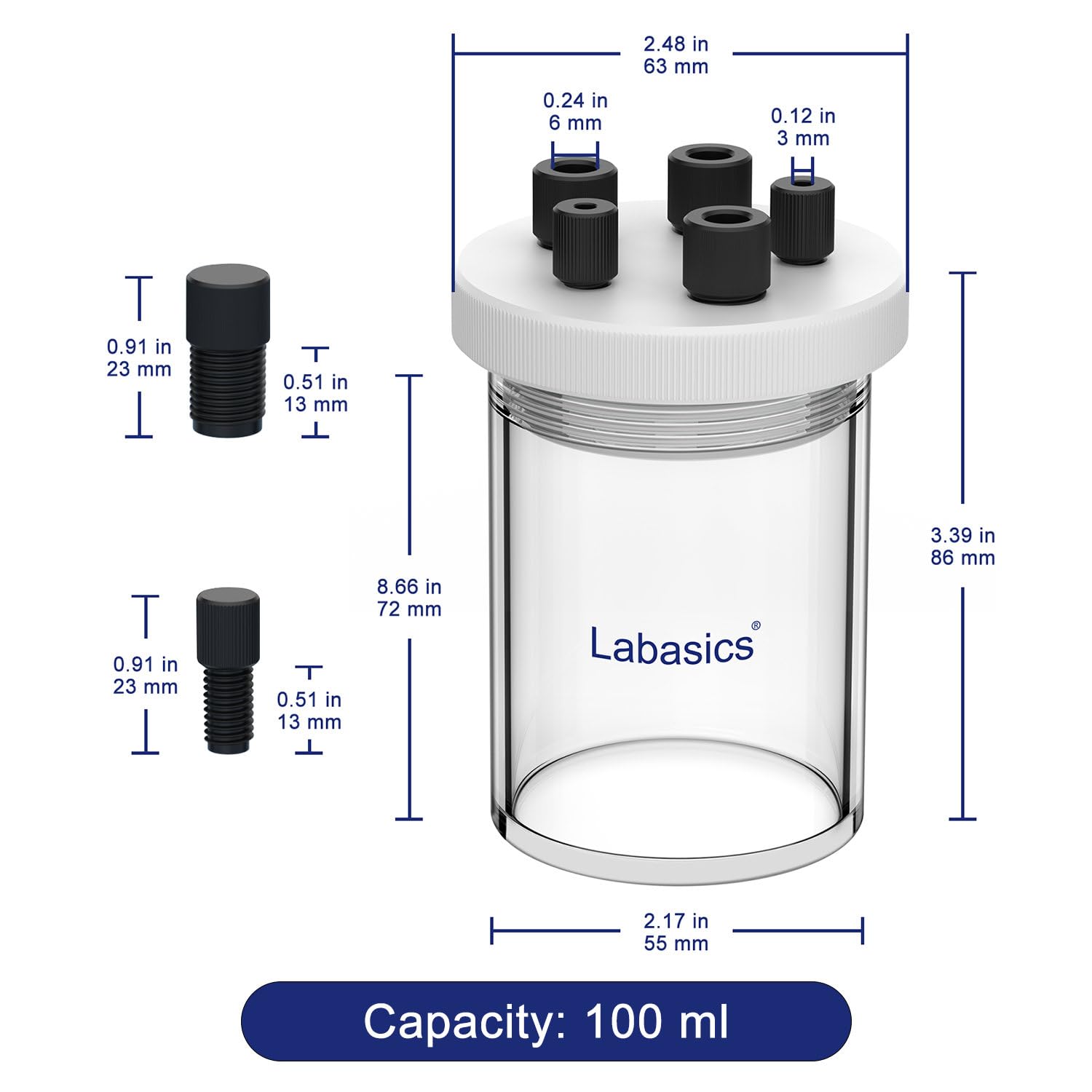 Labasics Celda Electrolítica, Celda Electroquímica Sellada de Borosilicato de Cámara Única con Kit de Reactor Electrolizador Y Tapa de PTFE de 5 Orificios, 100 ml