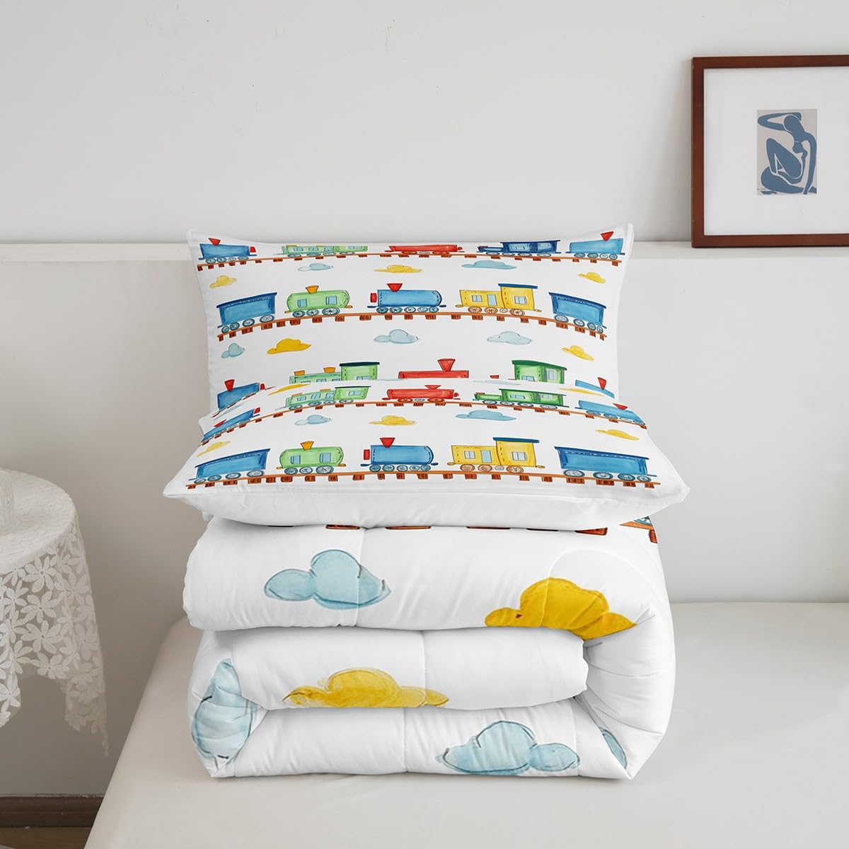 Set di biancheria da letto per bambini con treno a vapore, set di biancheria da letto per ragazzi e ragazze, decorazione per la camera dei bambini, per trasporto ferroviario, piumino con inserto blu e