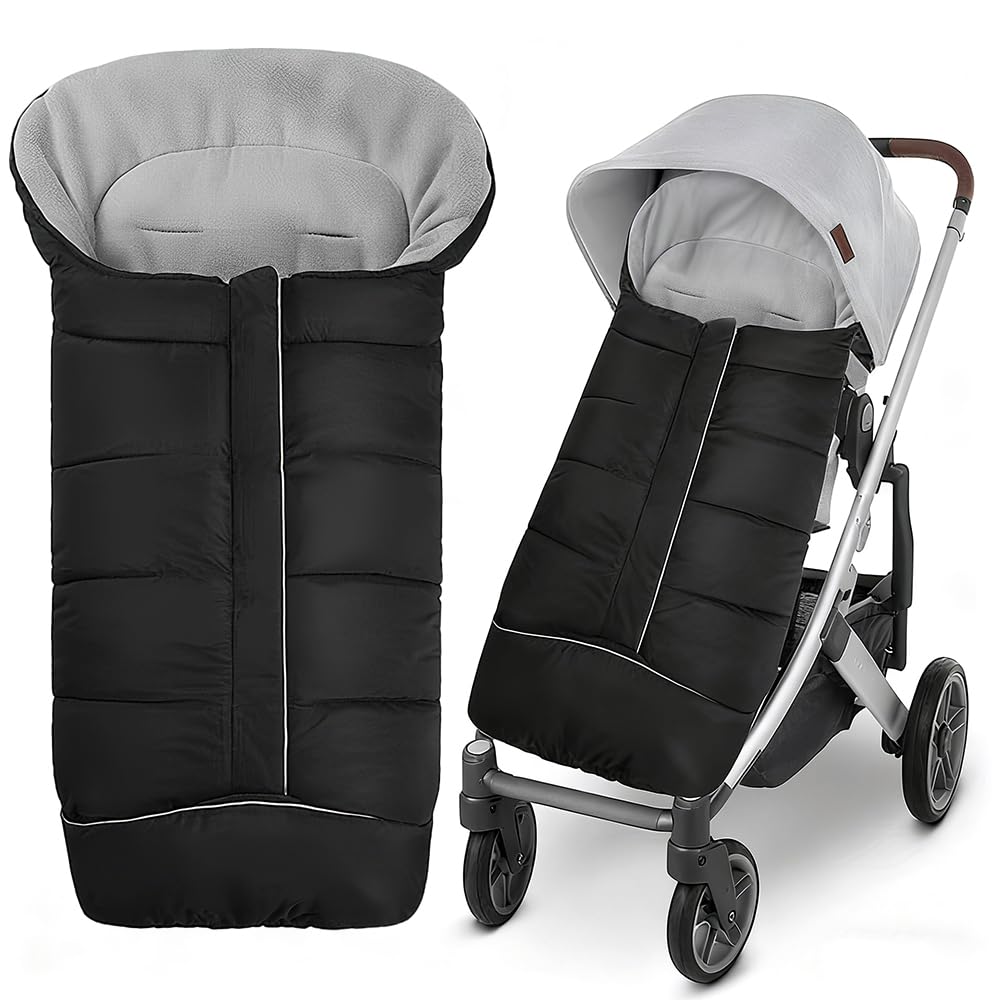 XEERUN Footmuff for Pushchair Universal, Winter Pram Footmuff for Baby with Drawstring, Warm Waterproof Windproof Cosy Toes with Zipper, Fleece Lined,Washable, for Newborn Buggy Stroller, Black
