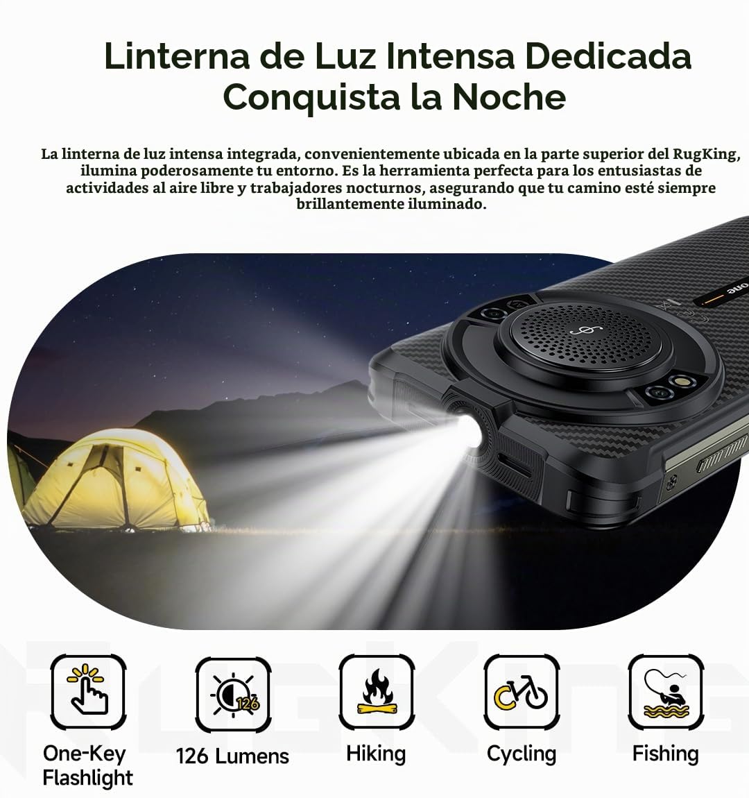 Ulefone RUGKING AI Móvil Rugerizado, Android 15 IA Grabación Llamadas, 126dB Altavoz, Linterna de Alto Brillo, 50MP Cámara, 16GB+256GB, 5,99" HD+(910nits), Teléfono Resistente IP68, 9600mAh, GPS NFC