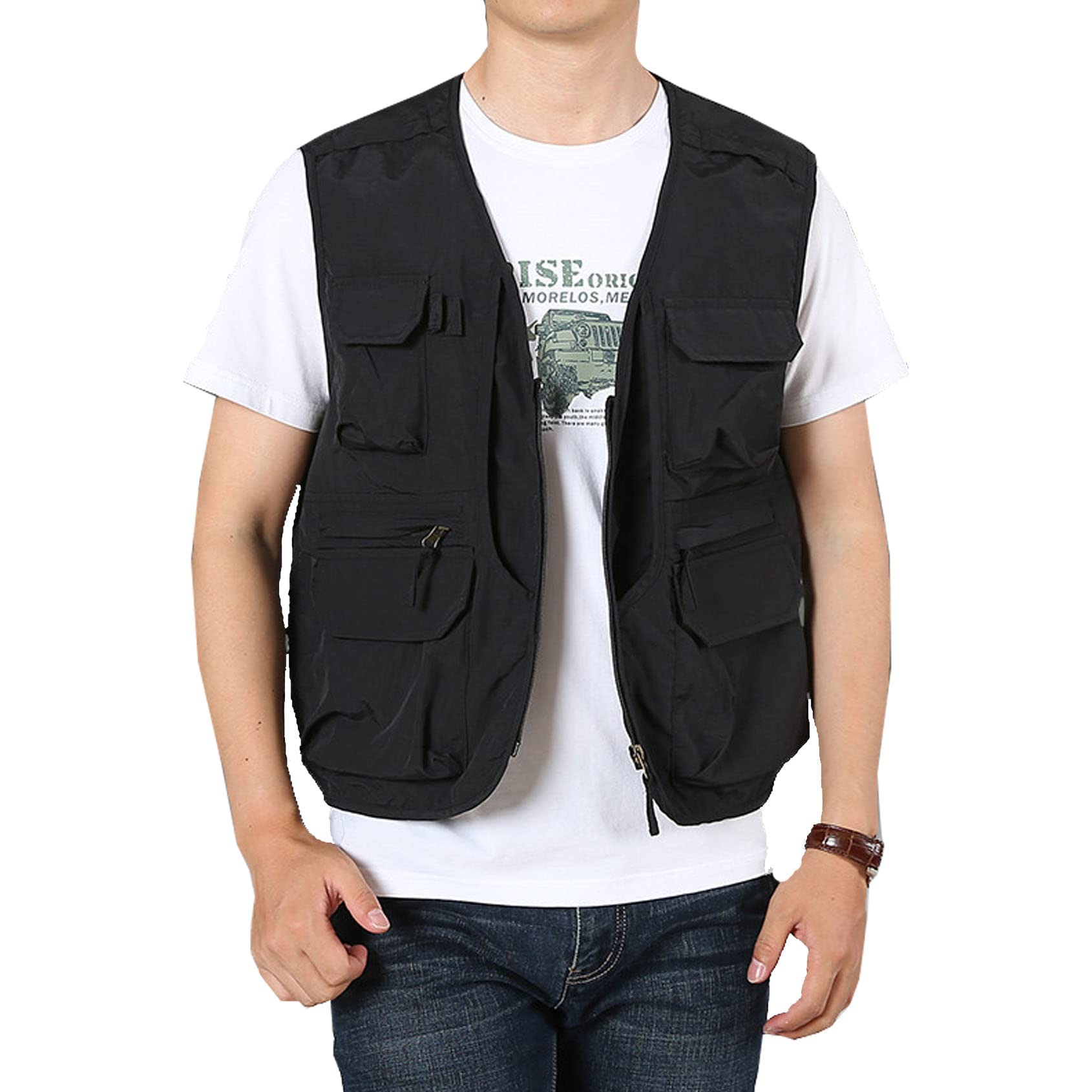 Perbai Men's Black Utility Fishing Vest Outdoor Summer Lightweight Work Photo Safari Cargo Vest