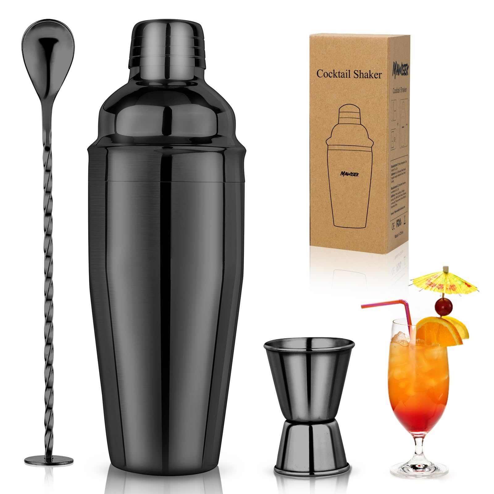 Cocktail Shaker Set 750ml Cocktailshaker Martini Shaker mit eingebautem Sieb - Professionelles Edelstahl Barkeeper Set inkl Messbecher, Bar-Löffel - Für Martini, Margarita & Mixgetränke, Schwarz