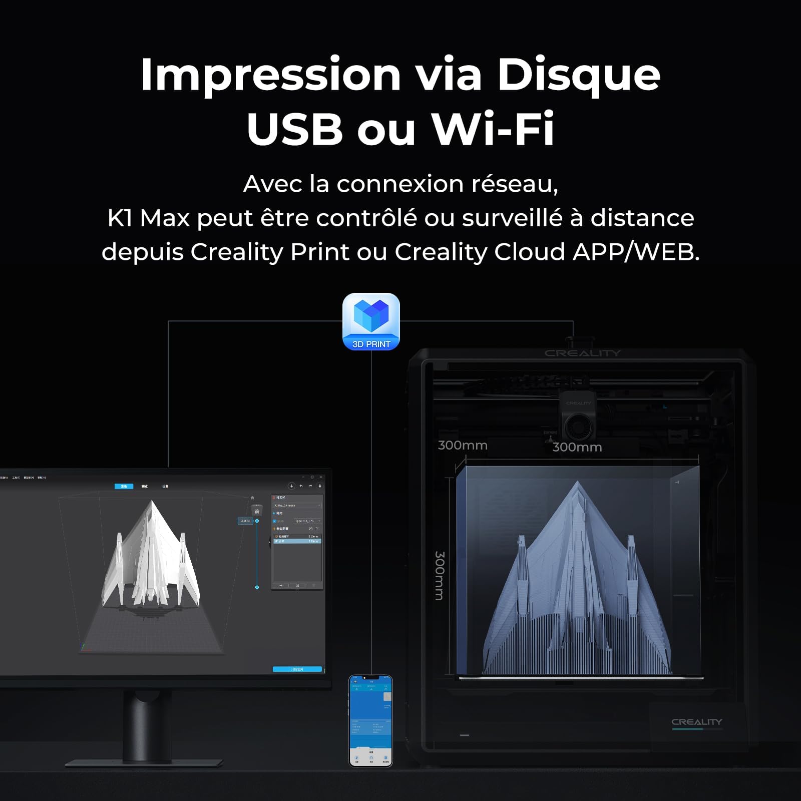 Creality Official K1 Max Imprimante 3D, Haute Vitesse 600mm/s Max avec Mise à Niveau Automatique, Double Refroidissement, Fonction AI Intelligente, Taille d'impression (300x300x300mm)