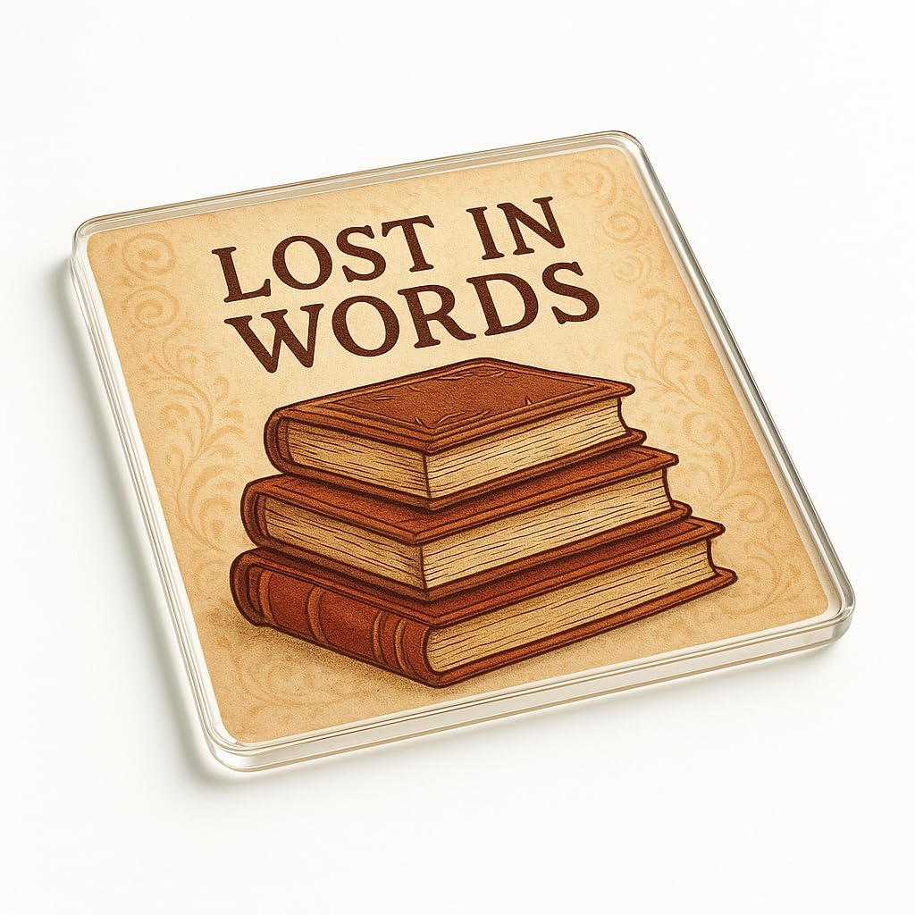 The Plum Penguin Whispers Of Lore Vintage Acrylic Coaster Gift - Reading Theme With Nostalgic Book Illustration - Unique Desk Accessory For Book Lovers