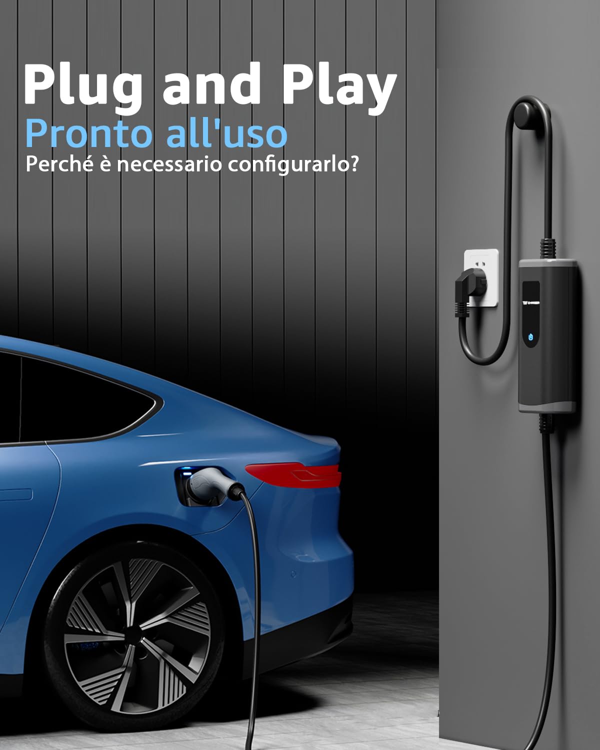bokman Colonnina Ricarica Auto Elettrica, 5 Metri,16A, 3,68kW Wall Box Tipo 2 Caricabatterie EV con Spina Schuko Compatibile con Model Y/3, 500e, e-208 e Altri EV/PHEV