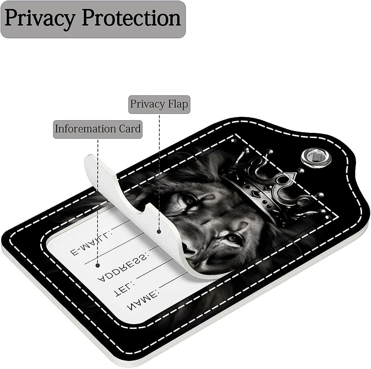 Luggage Tags,Black King Crown Lion Design, Double-Sided Privacy Cover ID Labels with Stainless Steel Loop and Address Card for Travel Bag Suitcase image 2