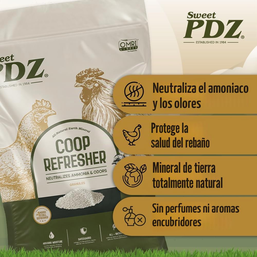 Sweet PDZ - Refrescante de gallinero - Eliminador de olores de zeolita - Accesorio esencial para gallinero - 10 libras