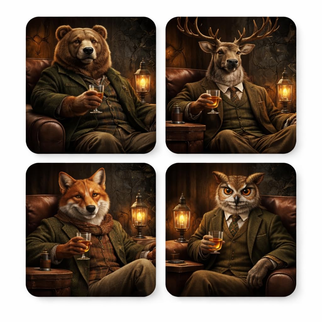 After Hours Collection: The Fireside Coasters Set, Woodland Animals with Whiskey Theme, Cork Backed, 9cm Square, 4 Pack