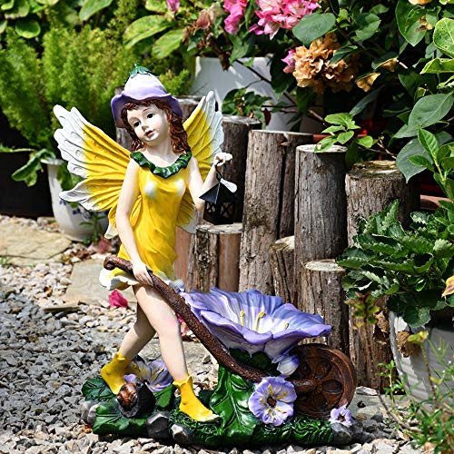 Havanadd Garden Ornament Decorative Sculpture European Garden Decoration Cute Flower Fairy Ornament Resin Girl Angel Figure Sculpture With Lantern Cart (Color : Yellow, Size : 37x20x45cm)