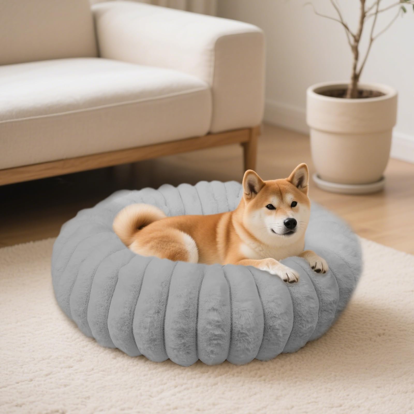 Vhen When Donut Dog and Cat Bed, Luxurious Comfortable Faux Rabbit Fur Pet Beds, Soft Anti-Anxiety Calming Puppy Kitten Bed with Anti-Slip Bottom for Small Medium Dogs & Cats(20", Grey)