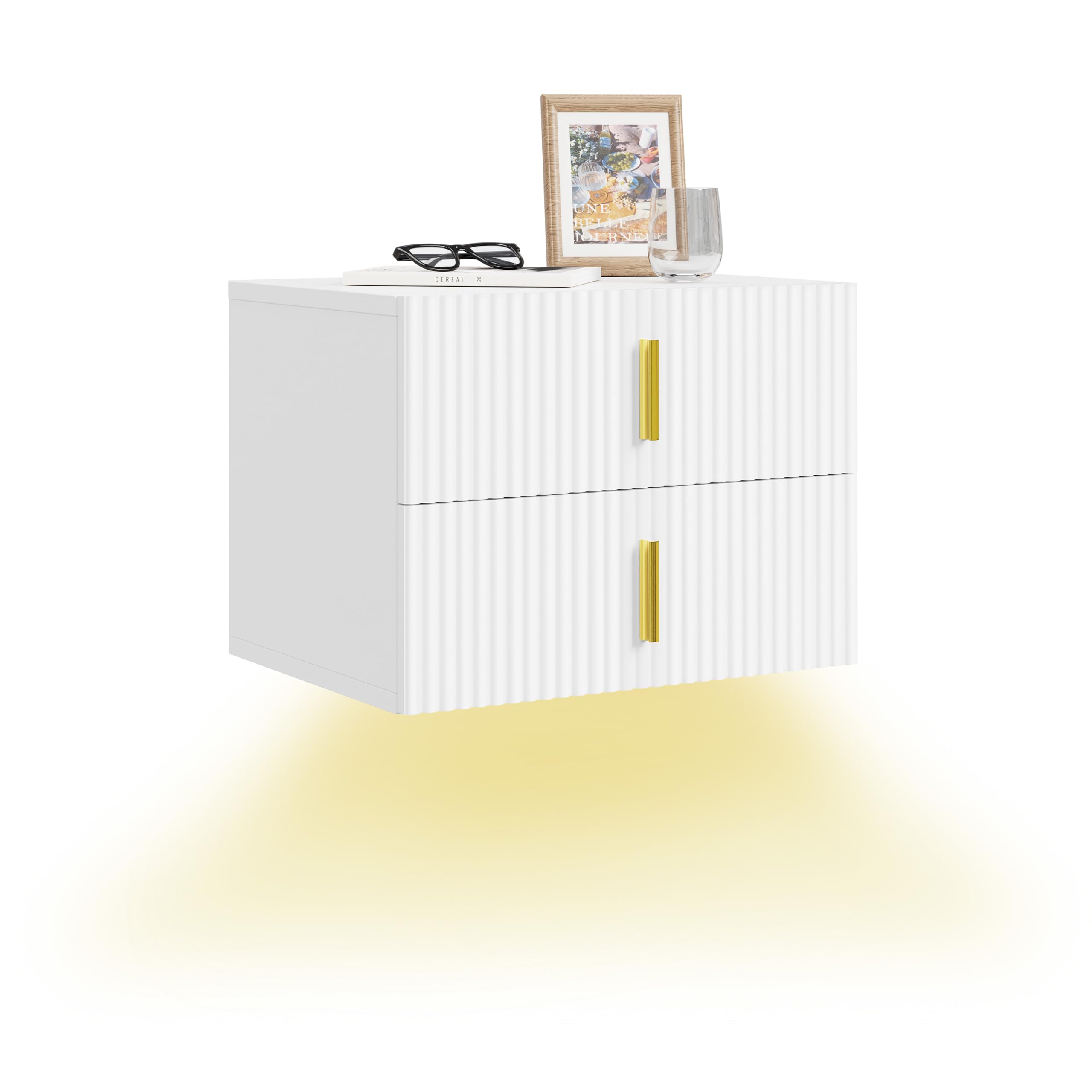 SoBuy comodino sospeso con luce LED a sensore e 2 cassetti, 40x30x30cm | Mensole da muro con fronte ondulato del cassetto, maniglia dorata, PB+MDF, per camera da letto/ingresso, FBT177-E-W