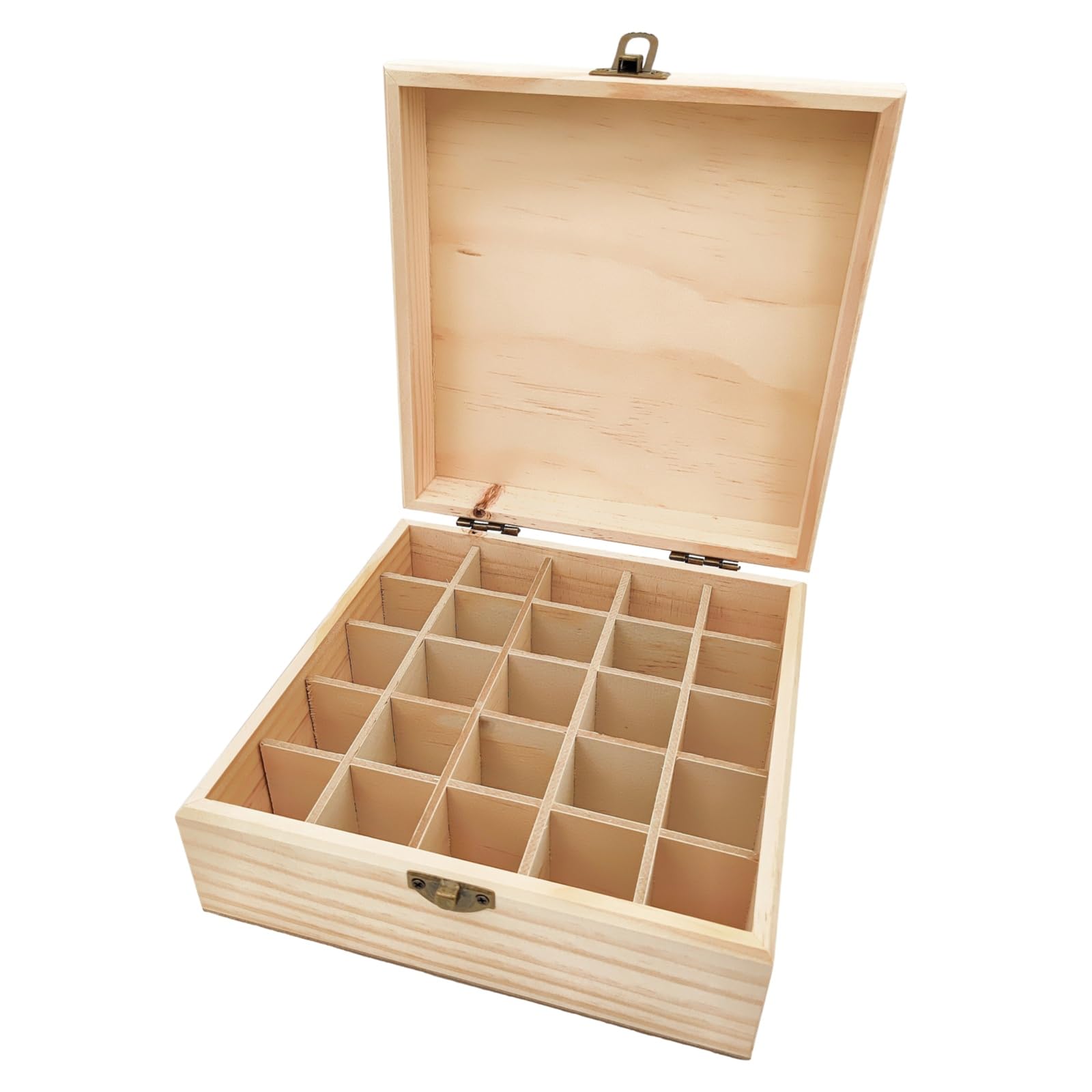 Anktily Wooden Storage Divider Box 25 Grids, 18.5 x 18.5 x 8.5 cm Unfinished Wood Case Box with Clasp for Small Keepsakes, Jewellery