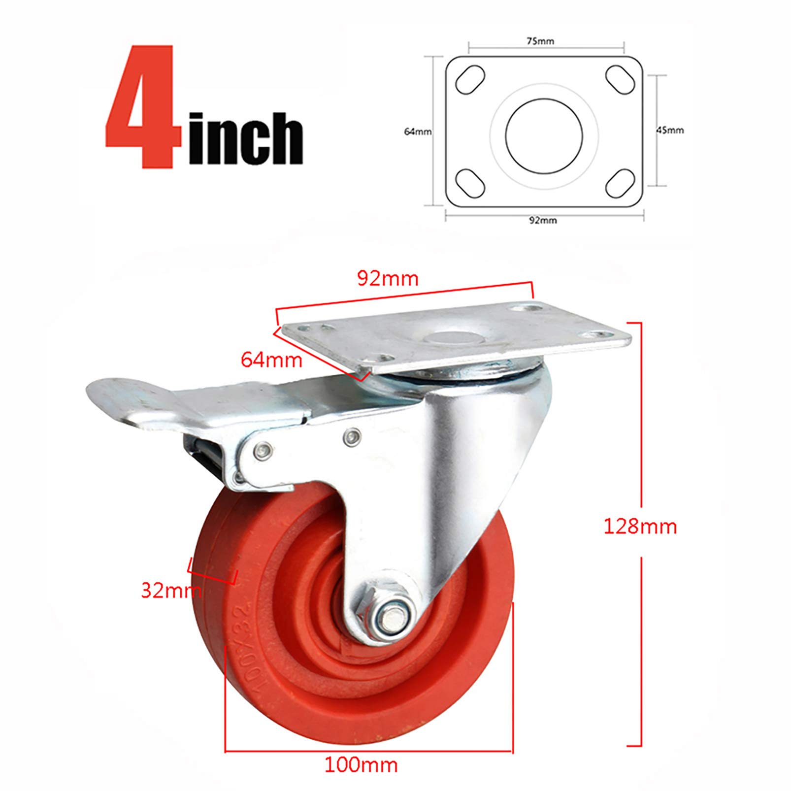 Nylon Rosso da 3 Pollici e 4 Pollici Rotelle Pivotanti con Piastra Superiore a 360 Gradi, Ruote Industriale con Freni, Resistenza alle Alte Temperature, capacità di carico di 100 kg
