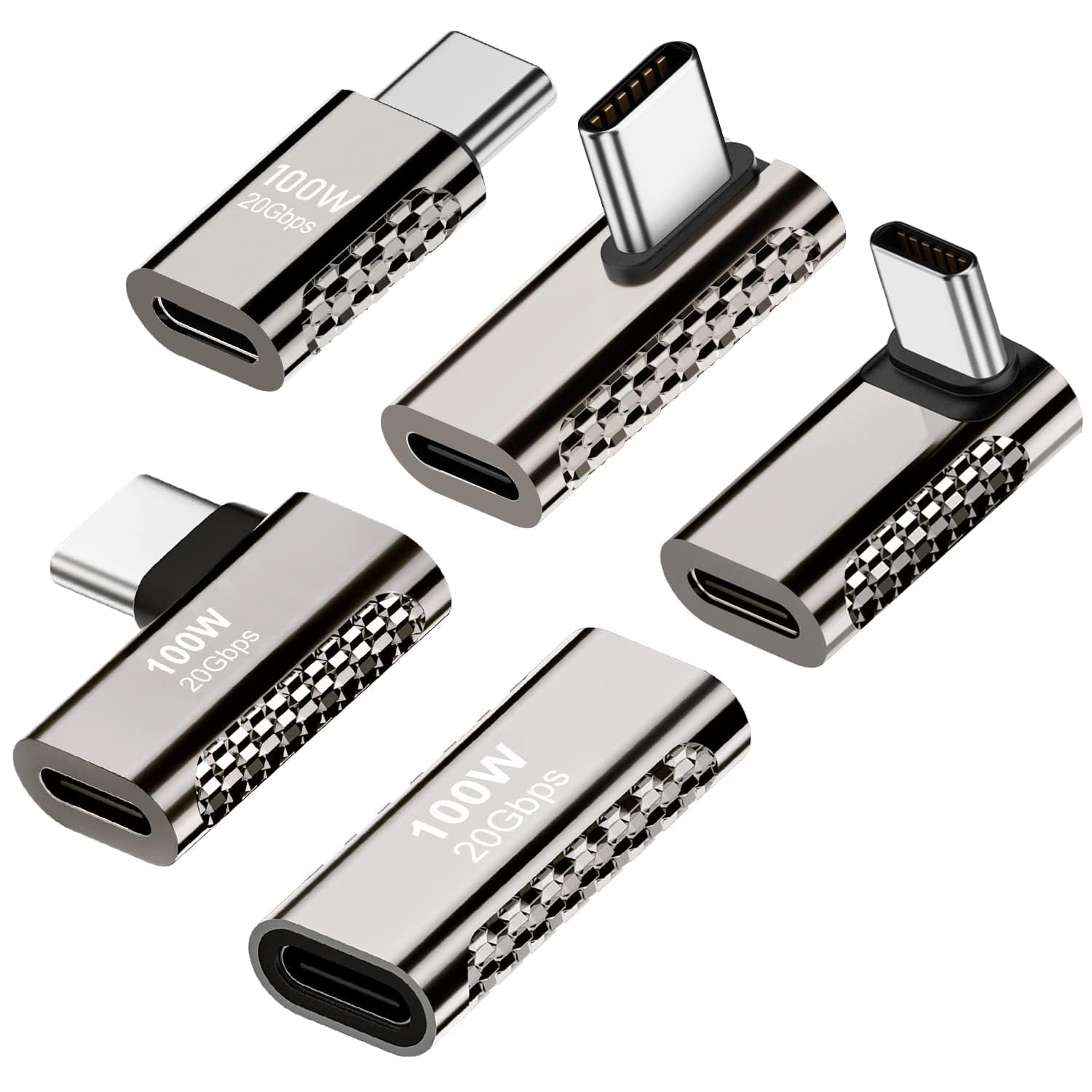 100W USB C Adapter (5 Pack), Vertical Up&Down, Left&Right 90 Degree Angle USB Type C Male to Female 20Gbps Extender, Coupler for Steam Deck, Switch, MacBook Pro, Laptop