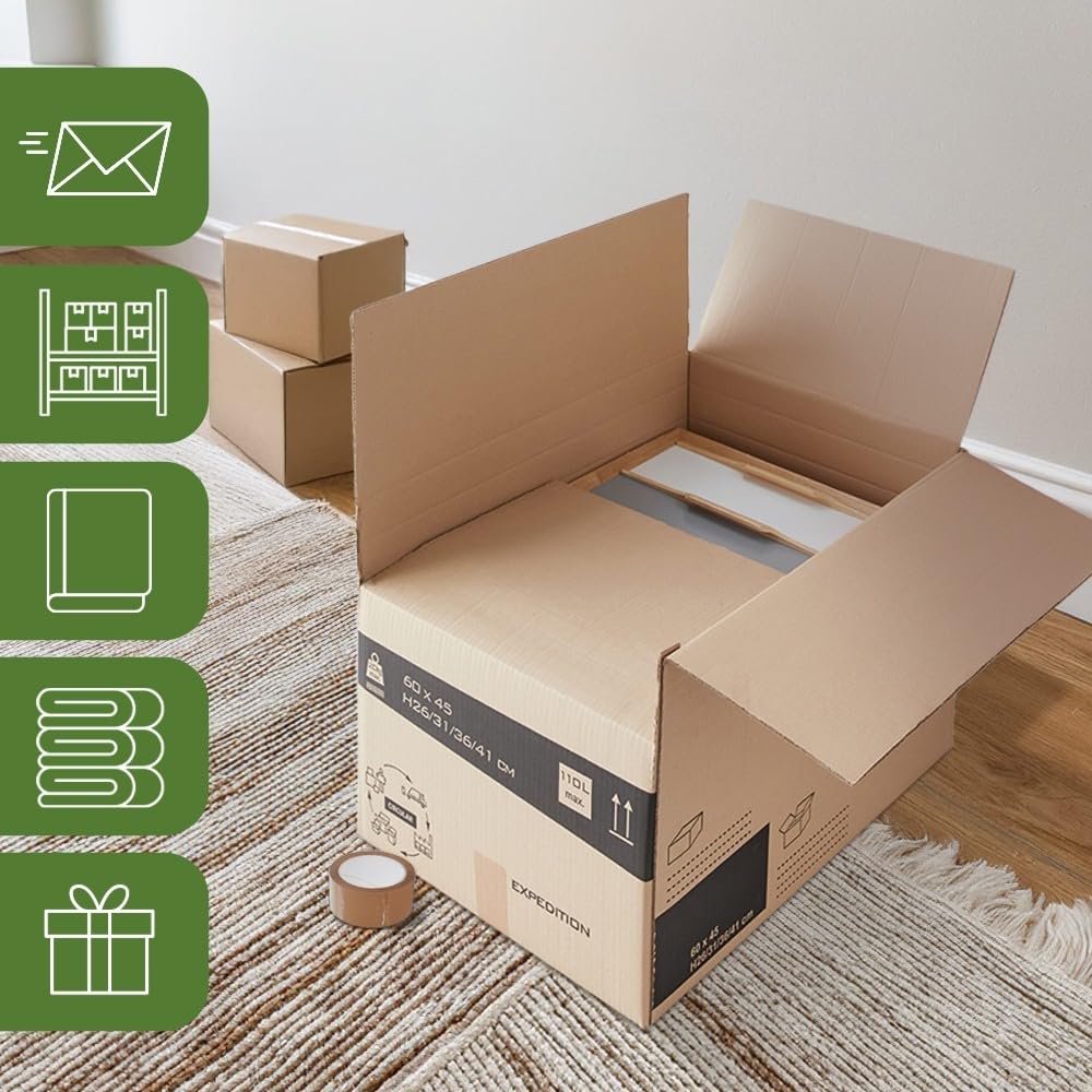 Pack and Move - Zestaw 45 kartonów do przeprowadzki o zmiennej wysokości – 60 x 45 x 31 – 41 cm – wzmocnione uchwyty – 1 klej w prezencie