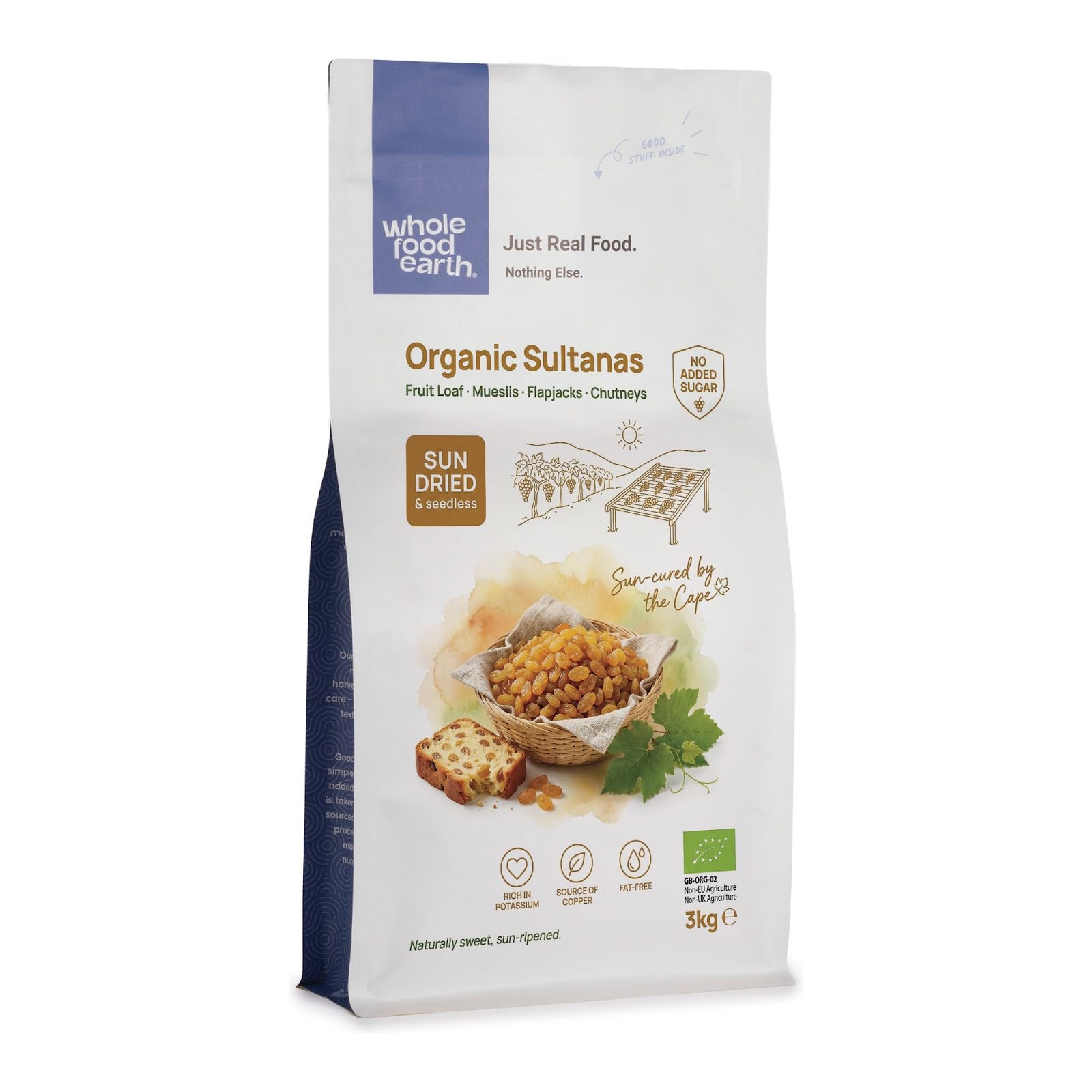 Wholefood Earth Ekologiczne Rodzynki Sułtańskie, 3 kg, Wegańskie, bez GMO, Suszone na Słońcu