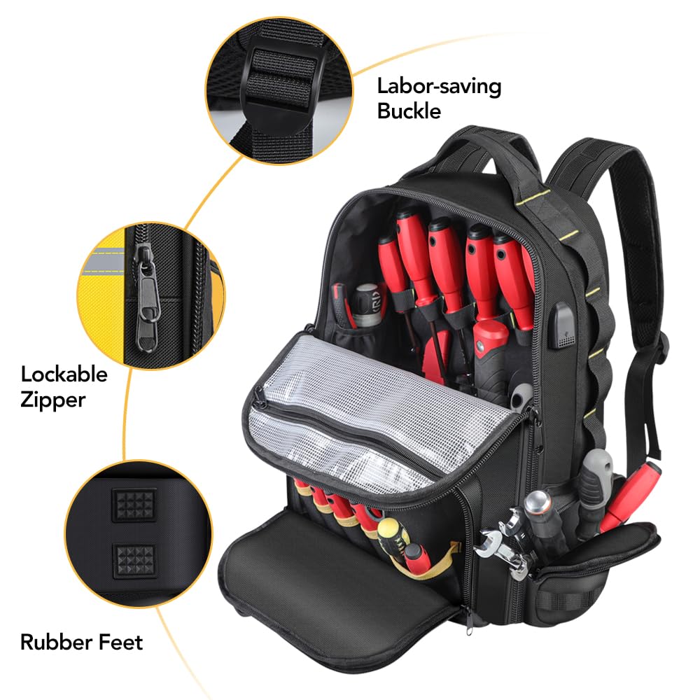 AIRAJ Mochila de Herramientas 46x40x18 cm, Intensivo con 23 Bolsillos, Mochila para Herramientas Diseño de Apertura Total para Electricistas y Construcción (Incluye Doble Bolsa para Piezas)
