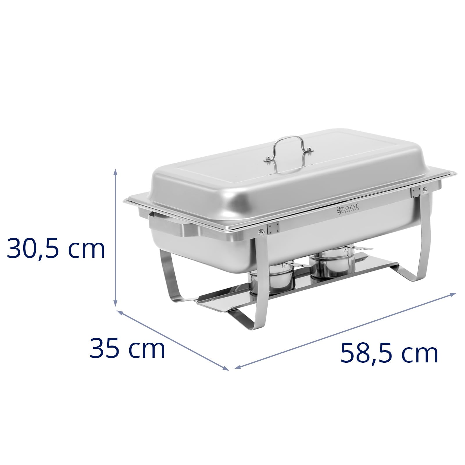 Royal Catering Chafing Dishes 2er-Set jeweils 7,5 l klappbare Gestelle 2 x GN 1/1 4 Brennstoffbehälter polierter Edelstahl Rechaud Wärmebehälter Buffet Speisewärmer