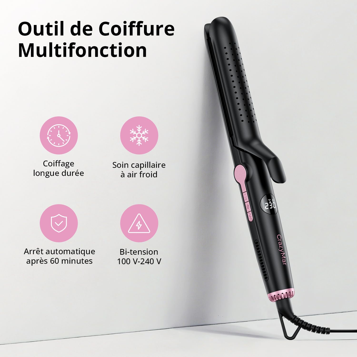 CrazyMar Lisseur à Air Froid et Boucleur Ionique 2-en-1, 9 Températures (110°C-230°C) pour Cheveux Bouclés/Lisses, Appareil de Coiffure Maison et Voyage (Noir)