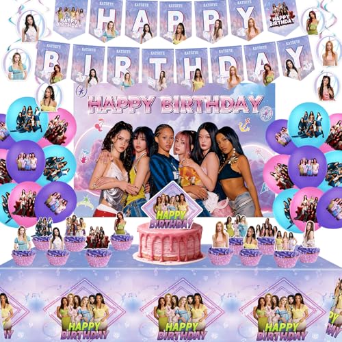 KATSEYE Birthday Decorations Party Supplies Set Include Banner Backdrop Balloons Hanging Swirls Cake Cupcake Toppers Tablecloth for Girls Fans KATSEYE Theme Party