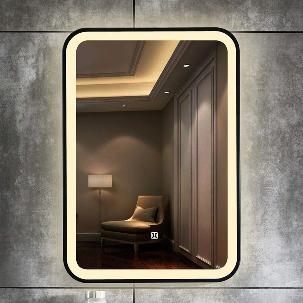 GuyAna Specchio Grande, Cornice Nera con Specchio Cosmetico Illuminato a LED, Specchio da Bagno con Montaggio a Parete Verticale, con Luce LED/Antiappannamento/Touch, 50x70 cm/60x80 cm
