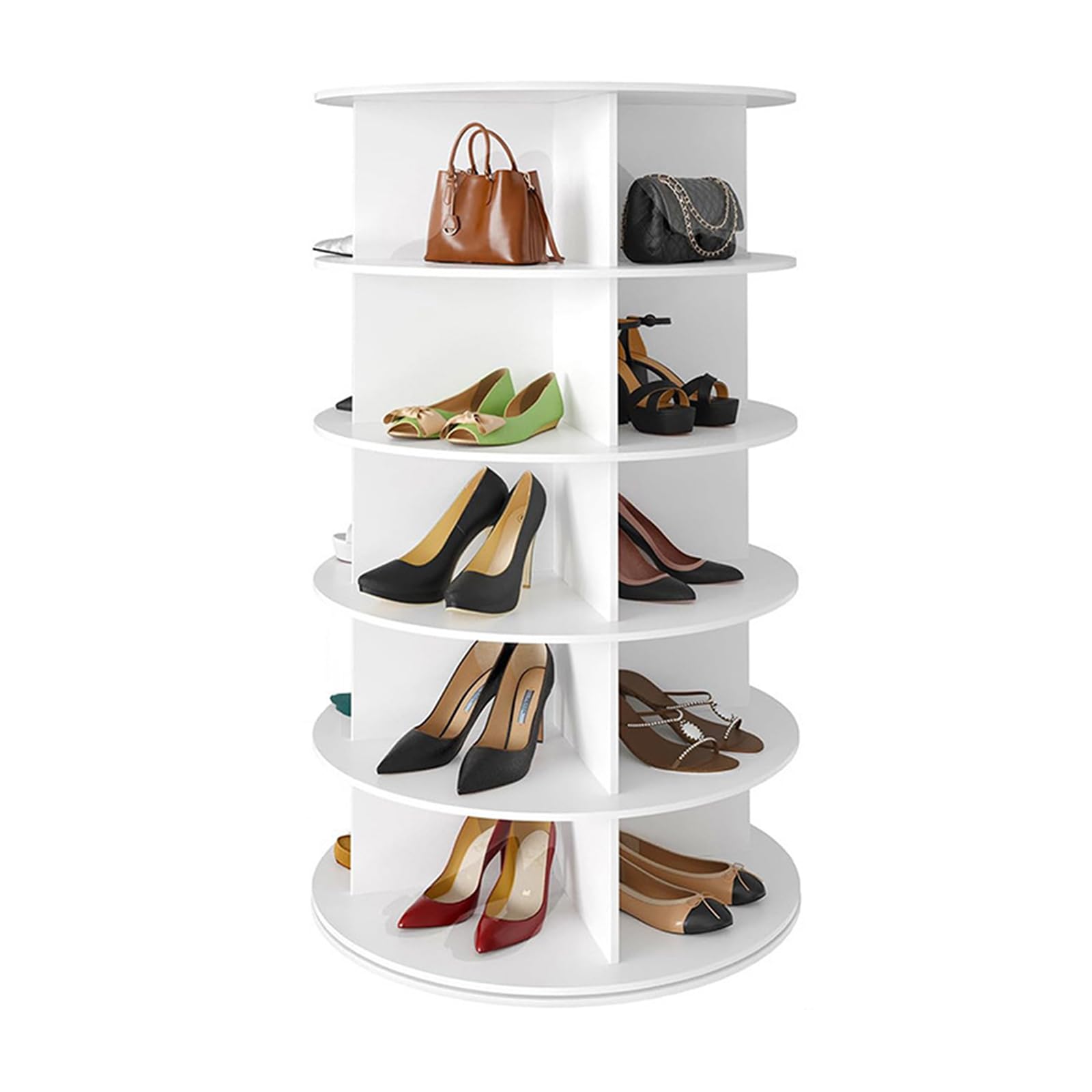 Refein 5 Tier Rotating Shoe Rack Tower, Spinning Shoe Display Lazy Susan, Tall Carousel Shoe Storage Cabinet 360° Free-Standing Vertical Handbag Organiser Closet Organization (White)