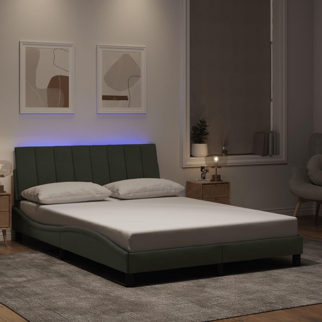 Bed Frame with LED Light Gray Velvet Upholstery 53.9"x74.8" Platform Foundation with Slatted Plywood, Sturdy Headboard, Easy Assembly for Modern Bedroom Furniture