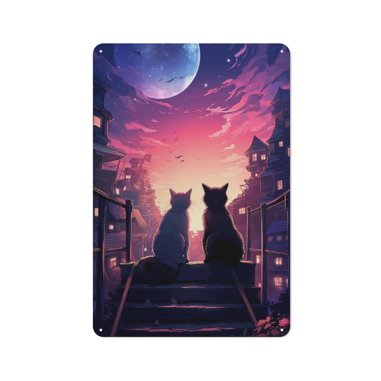 Junmoney Cat Moon Japan Metal Wall Plaque, Easy To Hang Plaque For Living Room, Hallway, Kitchen Or Pet Corner, 30X20cm
