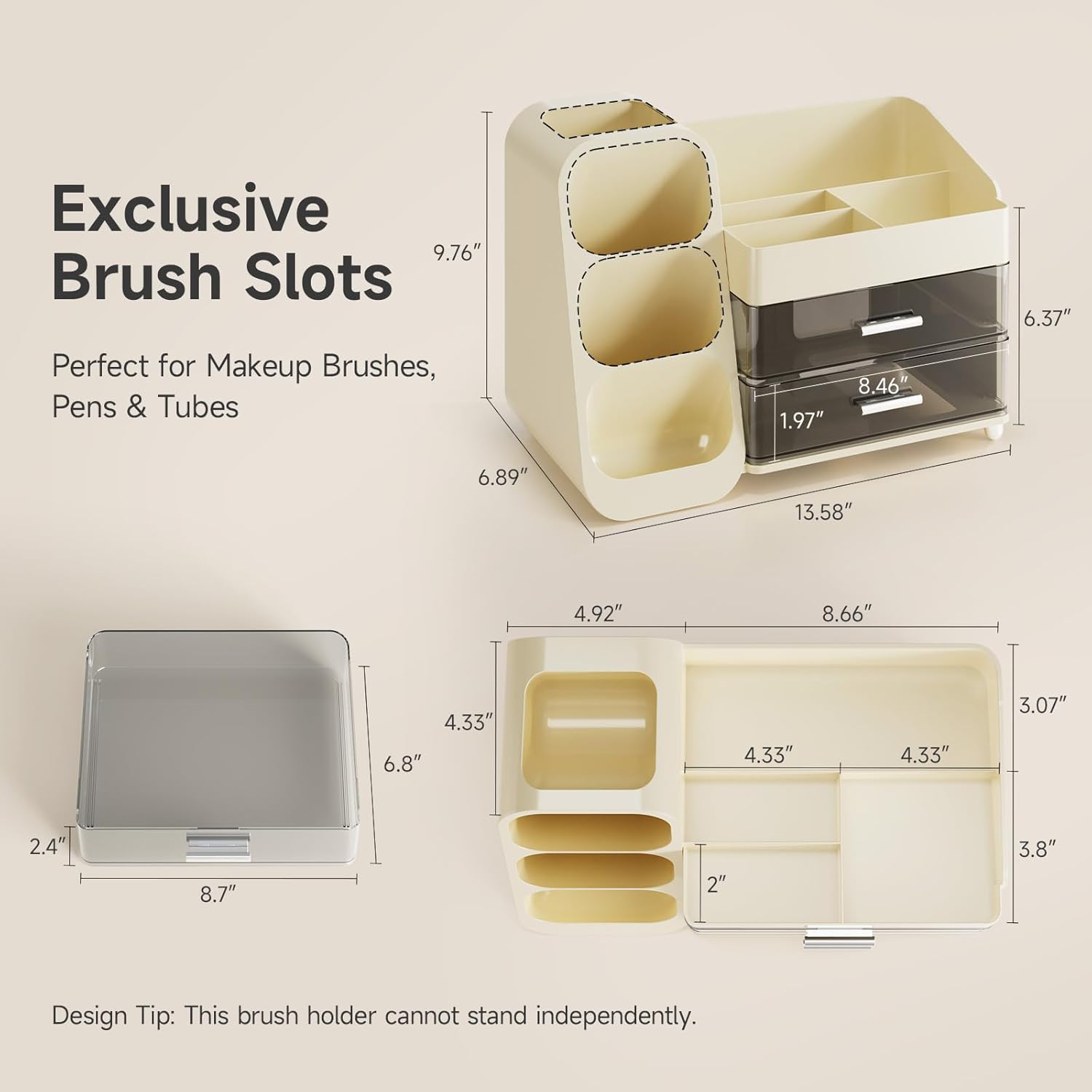 Delamu Big Makeup Organizer with Drawers, Spacious Cosmetic Display Caddy with Makeup Brush Holder, Bathroom Countertop Organizer for Vanity, Dorm, Desk, Beige