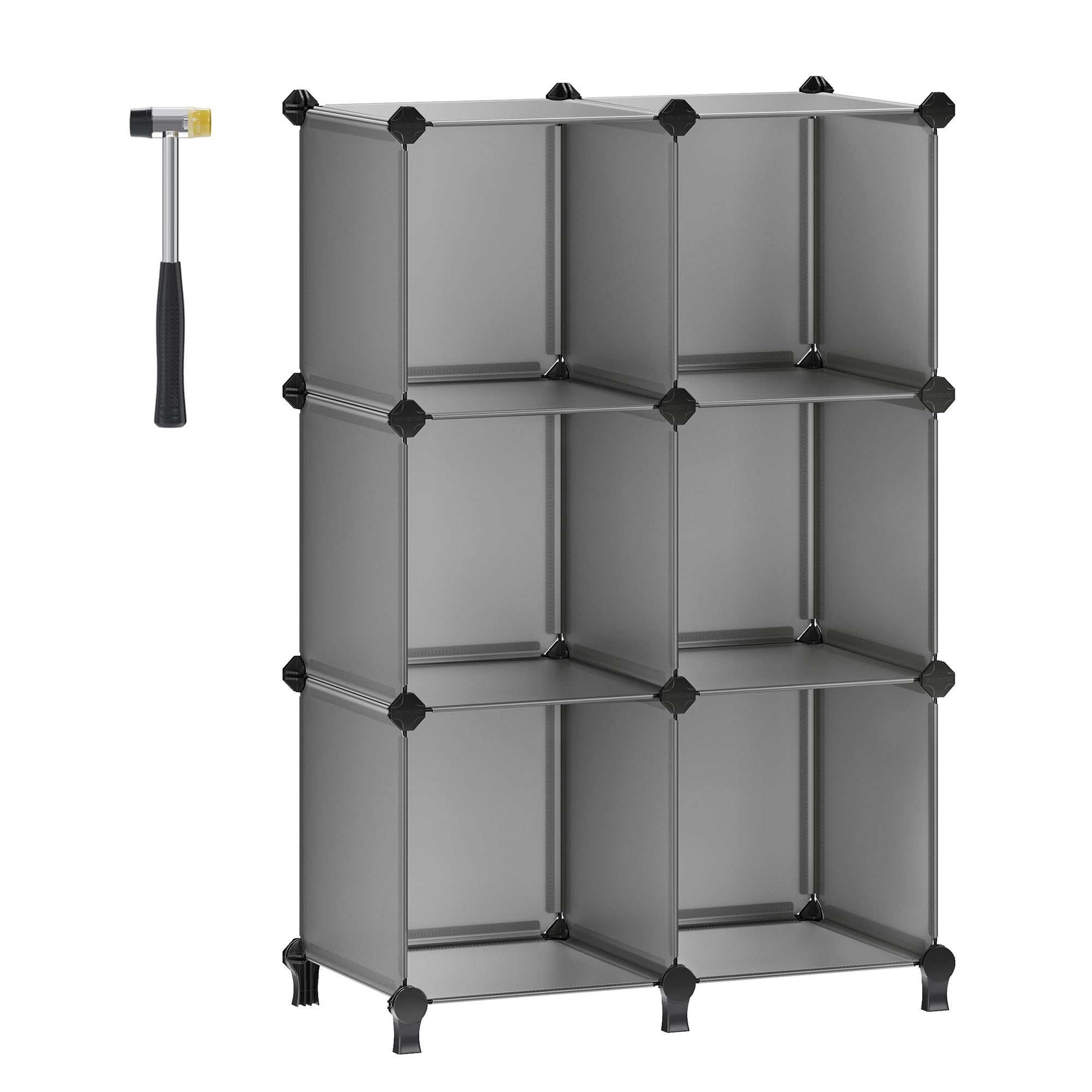SONGMICS 6 Cube Storage Unit, Modular Plastic Cube Storage Organiser with Feet, Shoe Rack, Each Cube 30 x 30 x 30 cm, Living Room, Bedroom, Study, with Rubber Mallet, Grey LPC06G