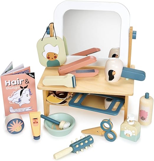 Tender Leaf Toys - Hair Salon - 21 Piece Pretend Play Wooden Hair Cutting Kit, Hairdresser Kit, Hair Styling Set with Tilting Mirror - Encourages Role-Play, Story Invention in Boys and Girls - Age 3+