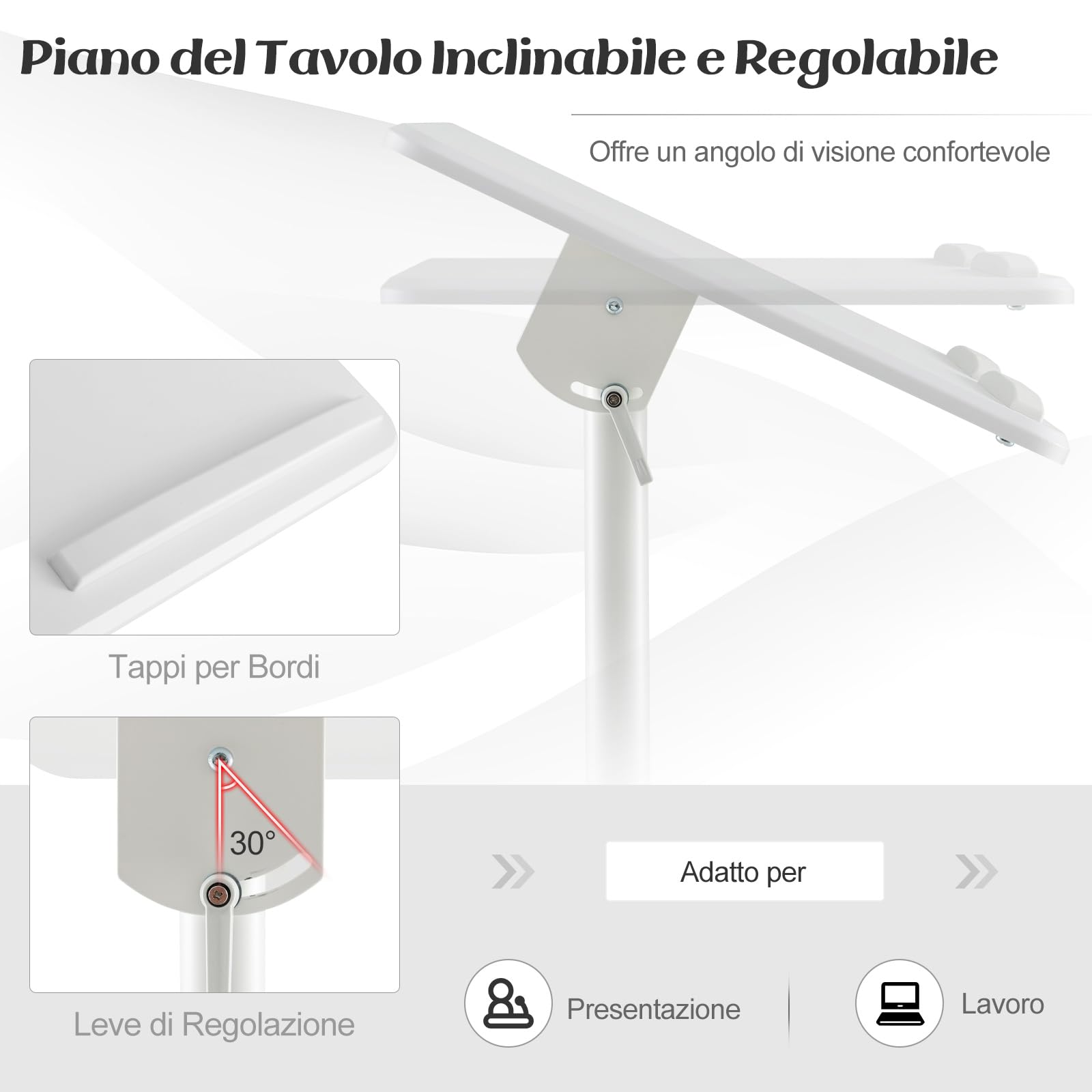 COSTWAY Podio per Conferenze, Pulpito Portatile per Laptop con Piano Inclinabile e Regolabile in Altezza, Vassoio Portaoggetti, Portabicchieri e Ruote Bloccabili (Bianco)