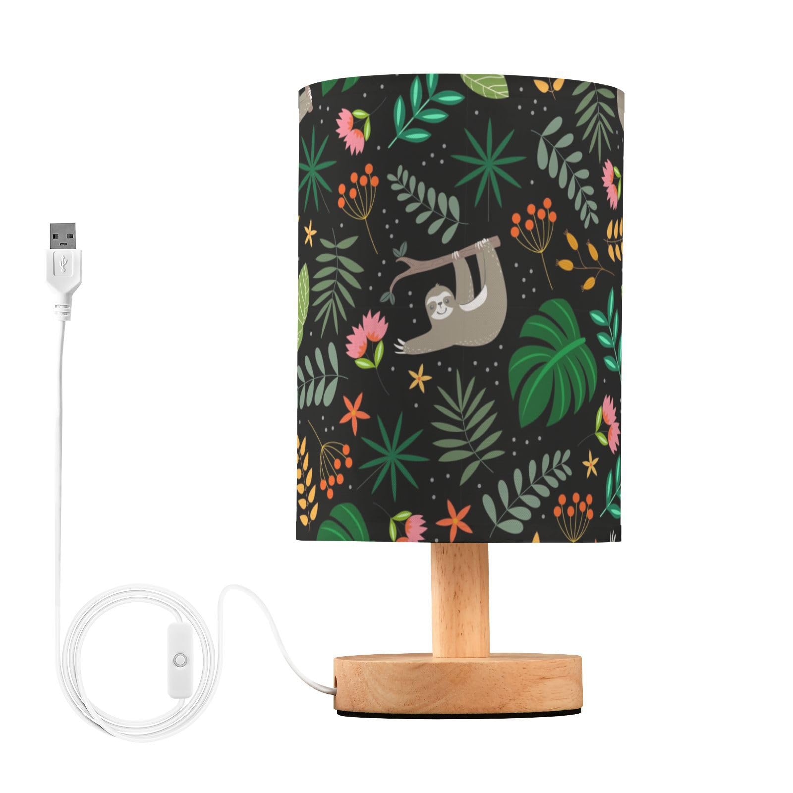 Bedside Table Lamp Floral Plants Sloth and Flowers in Black Bedside Lamps LED Light Desk Lamp Fabric Shade Small Lamp for Bedroom Living Room (Bulb Included)
