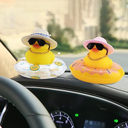 Miniatura 7 de wonuu Car Duck - 4 adornos de goma para automóvil, pato amarillo, decoración de tablero de automóvil con mini sombrero, anillo de natación, collar,