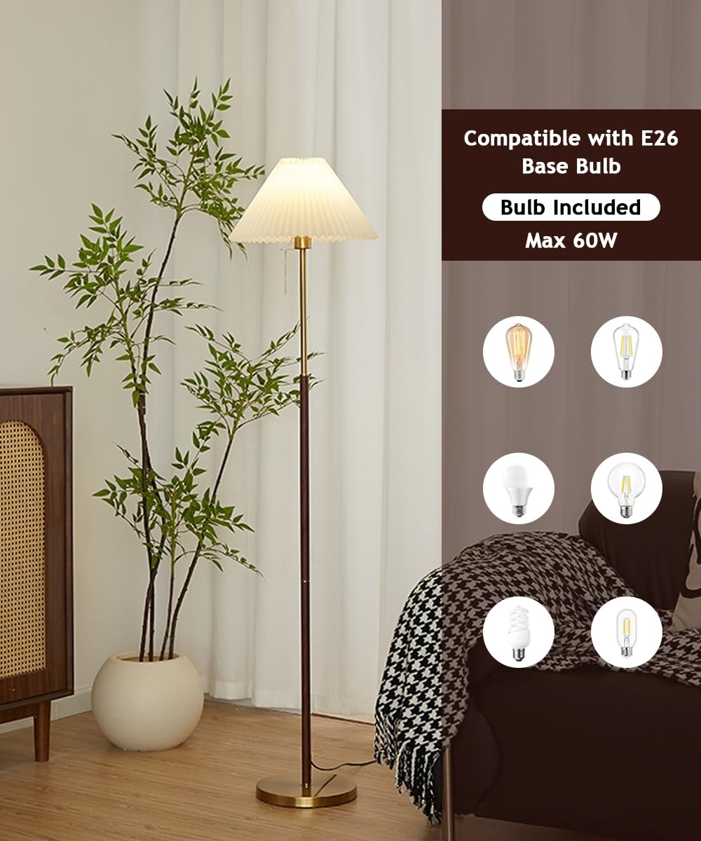 Lampa podłogowa z tkaniny w stylu połowy wieku, 150 cm, z żelaznego słojów drewna, ze złotą podstawą, zmienna intensywność E26, idealna do salonu, sypialni, biura lub willi.