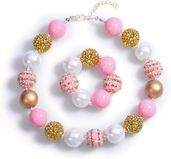 BUENAVO Chunky Bubblegum Necklace Pink Gold Fashion Beads Girls Jewelry Children Necklace Bracelet Set Birthday Outfit with Gift Box and Greeting Card, Acrylic: Buy Online at Best Price in UAE