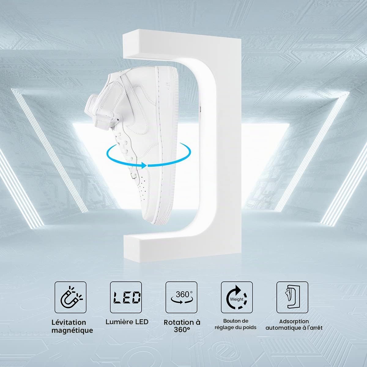 Présentoir à Chaussures Flottant, Support de Chaussures en lévitation avec lumière LED rotative magnétique pour Cadeau, décoration d'intérieur, collectionneurs de Chaussures