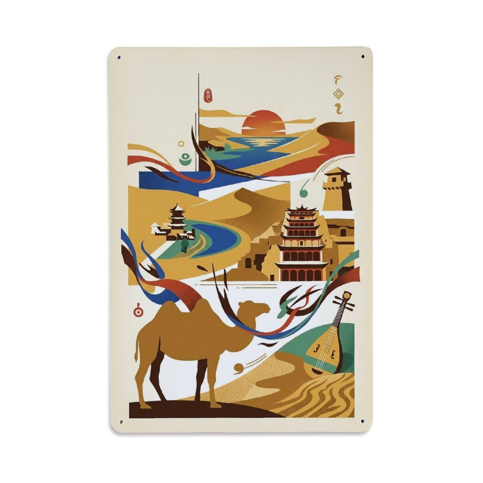Okngb Style Dunhuang Color Block Landmark Travel Cultural Mosaic Metal Tin Sign Plaque Wall Decor For Cafe, Man Cave, Club Bar, Office, Home Garden Round Metal Poster 8X12inch