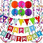 Fecedy Happy Birthday Banner With Colorful Paper Flag Bunting Paper Circle Confetti Garland Swirl Streamers Honeycomb ball for Birthday Party Decorations