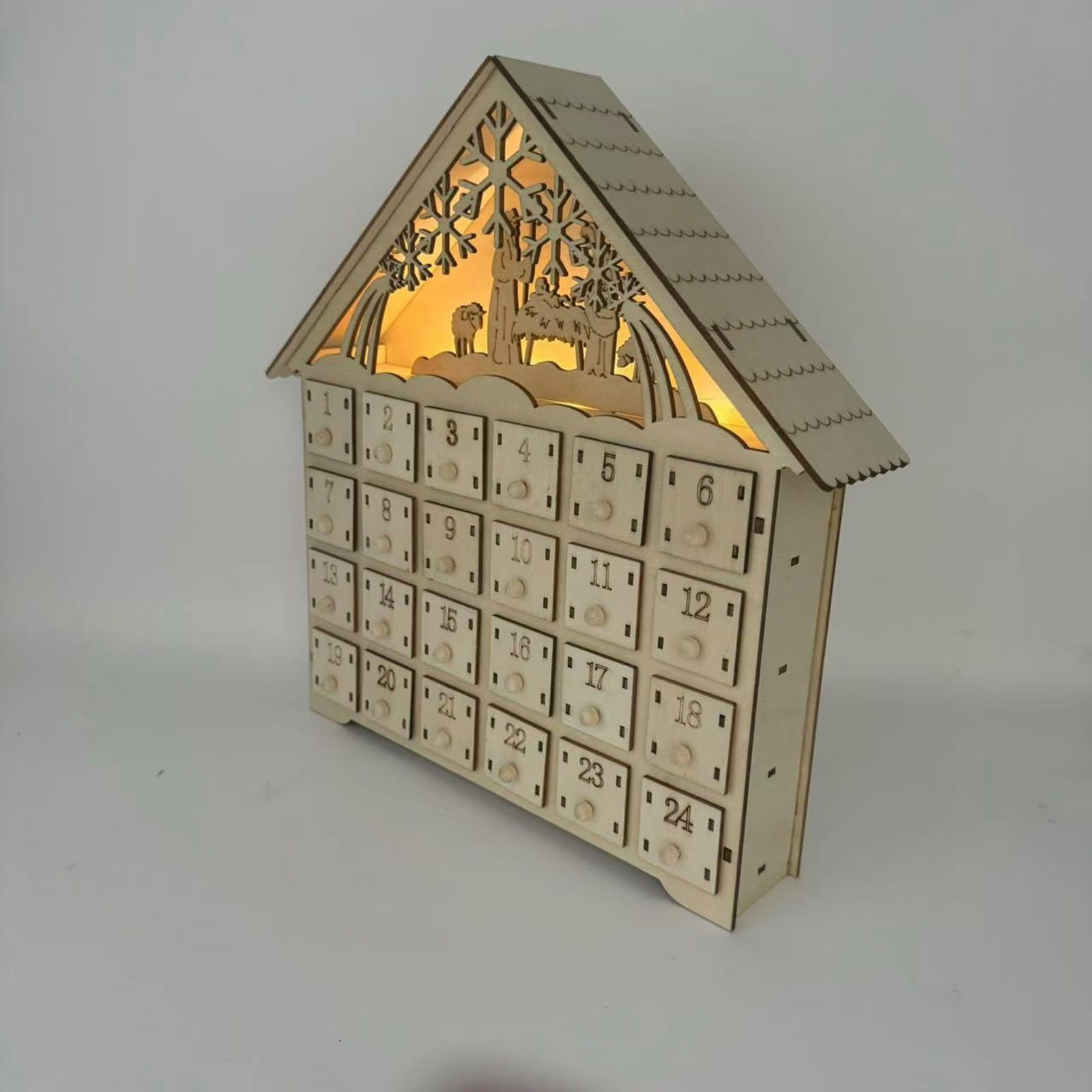LED beleuchteter Holz Adventskalender Weihnachtsgeister 24 Tage Countdowns Kalender mit LED-Lichtern und Aufbewahrungsschubladen