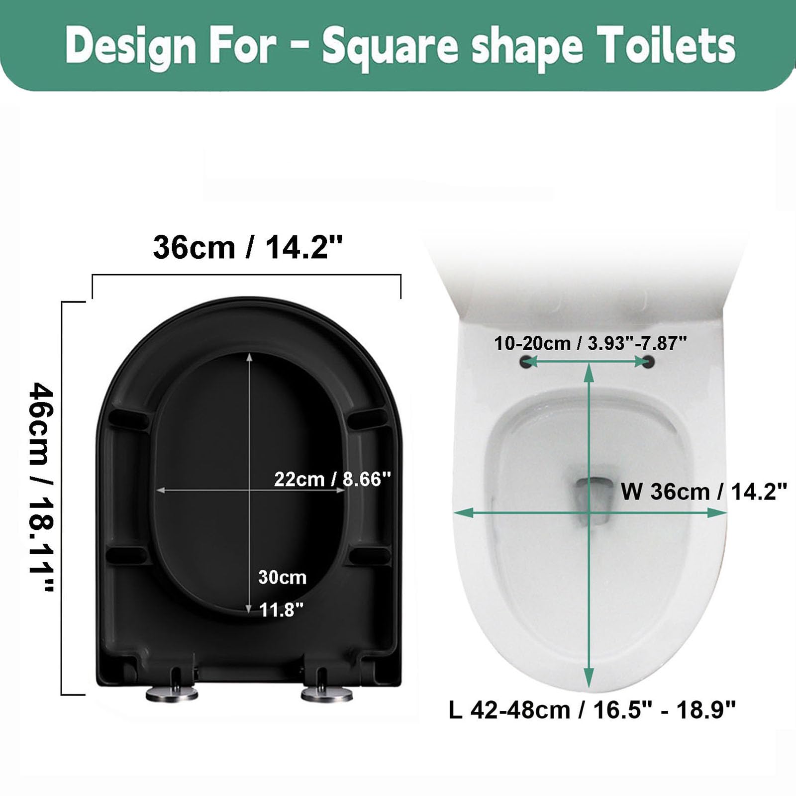 Nero,Sedile WC a Forma di D, Copriwater Universale in PP, Tavoletta WC con Chiusura Ammortizzata, Cerniere Regolabili a 360°, Sgancio Rapido, Facile da Montare e Pulire, 36x46cm