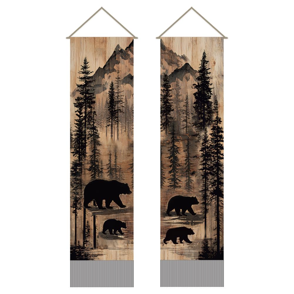 AHANDMAKER 2Pcs Animal Bear Tapestry, Rustic Forest Wildlife Bear Family Wall Hanging Tapestries, Woodland Nature Landscape Decor Long Tapestry with Tassels for Home Office Decoration, 45.7x13 Inch