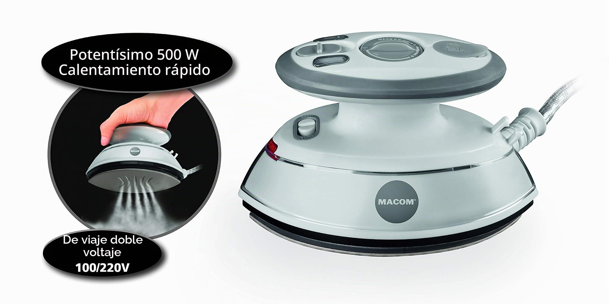 Macom - Mini Plancha de Doble Punta para Vapor de Toda Placa, Color Blanco y Gris
