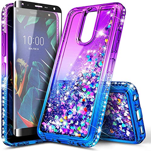 E-Began Case for LG Journey LTE, Aristo 4+ Plus/Neon Plus/Escape Plus/Arena 2/Tribute Royal with Tempered Glass Screen Protector, Glitter Liquid Floating Quicksand Girls Cute Case -Purple/Blue