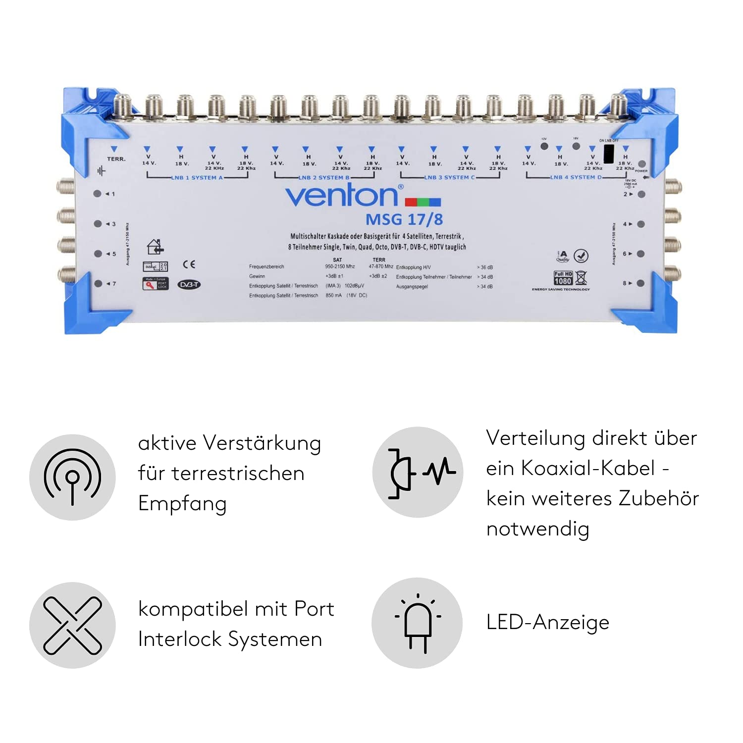 PREMIUMX PXMS 17/8 Multischalter mit Netzteil Multiswitch 4 SAT für 8