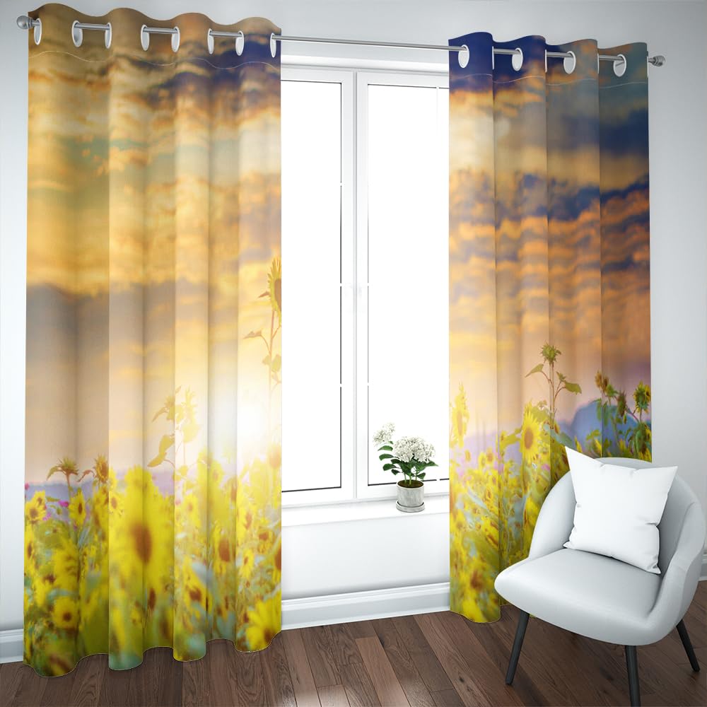 Vorhänge Wohnzimmer Blickdicht Gardinen Verdunkelungsvorhang Schlafzimmer Kinderzimmer Thermovorhang Fensterdekoration 3D Goldener Glanz Sonnenblume Abendwolken Muster Ösenschal 2Er Set 200X