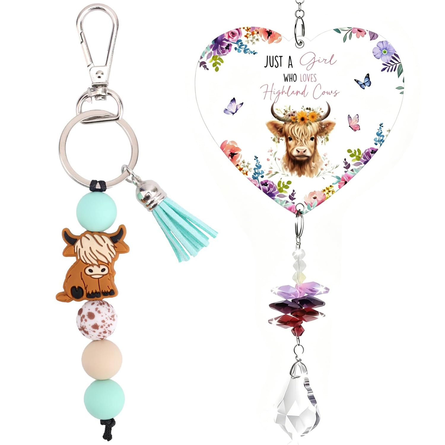 Spiritzohic Women's Multicolor Highland Cow Gifts For Crystal Suncatcher Ornament With Keychains Suncatchers Pendant Hanging Decoration Beads Highland Cow Keychain Scottish Gifts For Cows Lovers Birthday Graduation