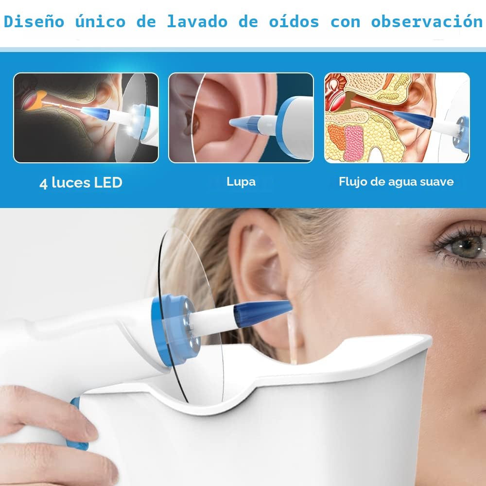 Kit de Limpiador de Oídos, 4 Modos Limpia Oidos Cera, Sistema de Riego Oídos con Puntas desechables y lavabo para Atrapar los oídos (9+1 puntas desechables)