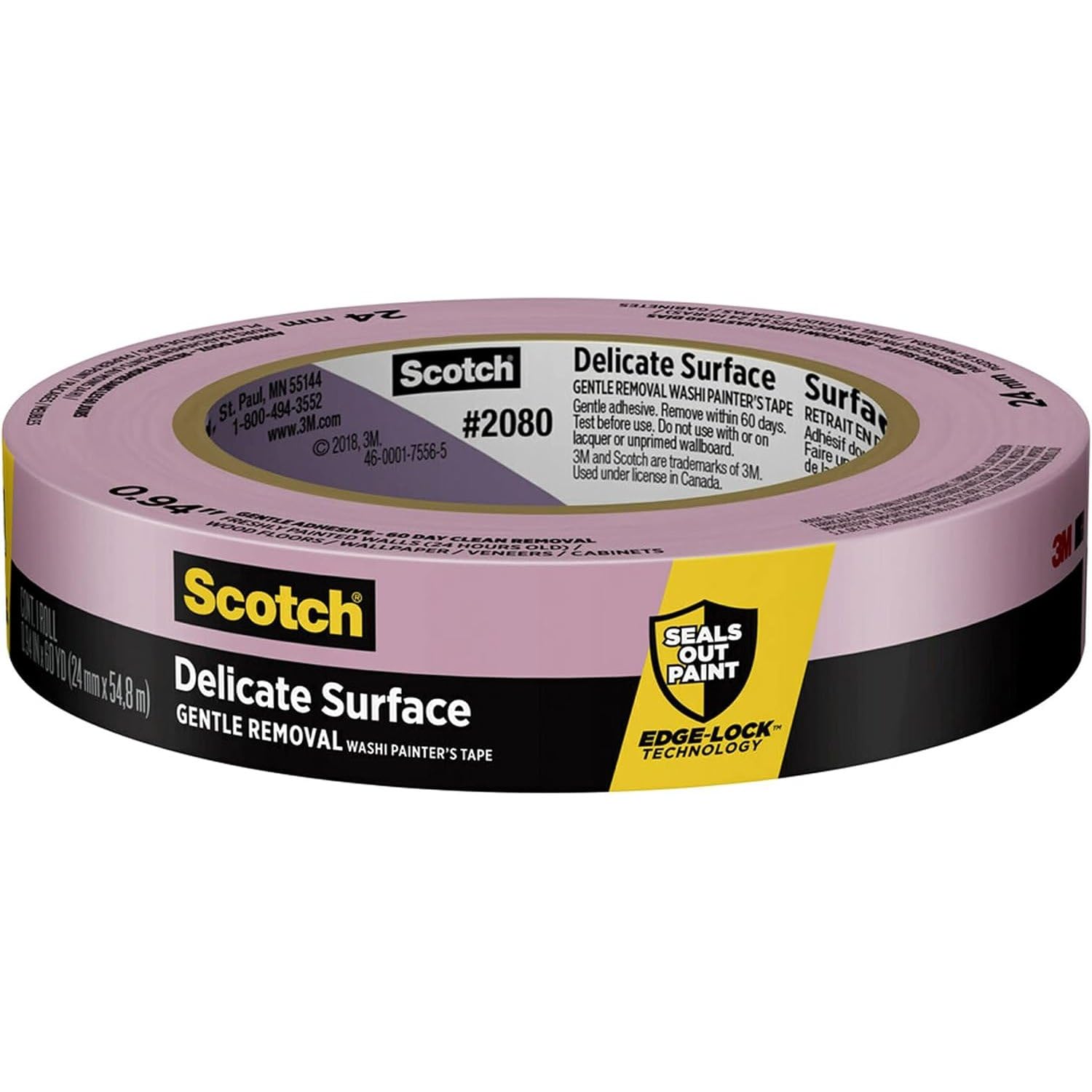 3M Scotch-Blue 2080 Safe-Release Delicate Surfaces Painters Masking Tape , 19 lbs/in Tensile Strength, 60 yds Length x 1