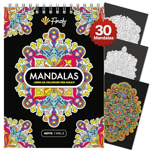 Finoly Libro Mandala da Colorare per Adulti | Album Con 30 Illustrazioni Originali | Formato A4 | Carta Premium | Rilegatura a Spirale | VOL 2 (Notte)